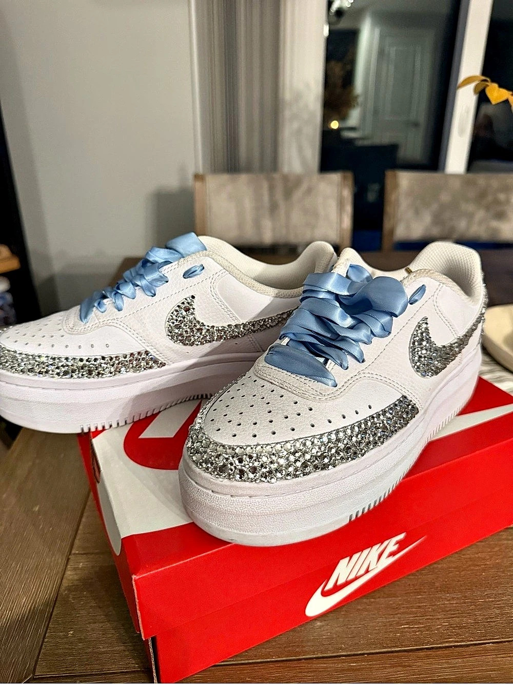 Nike Air Force 1 Rhinestone Sneakers in White & Blue US 7 Like New